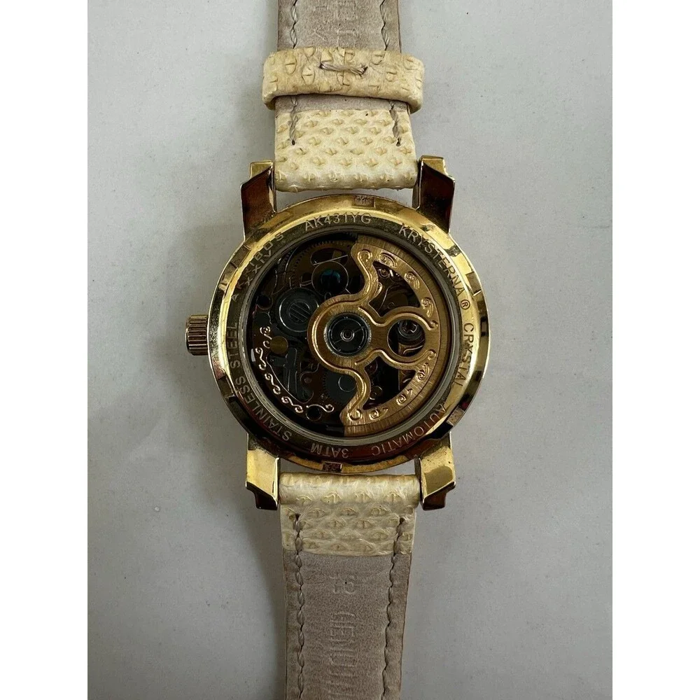 $450 Akribos XXIV AK431YG-A Automatic Skeleton Watch Krysterna Crystal Leather